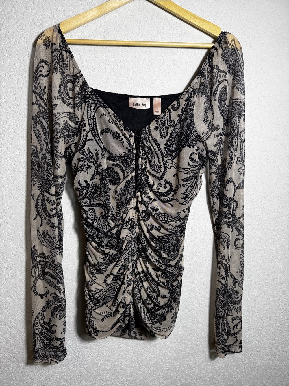 Willow & Root Top Women L Black Beige Paisley Mesh Ruched Y2K whimsigoth